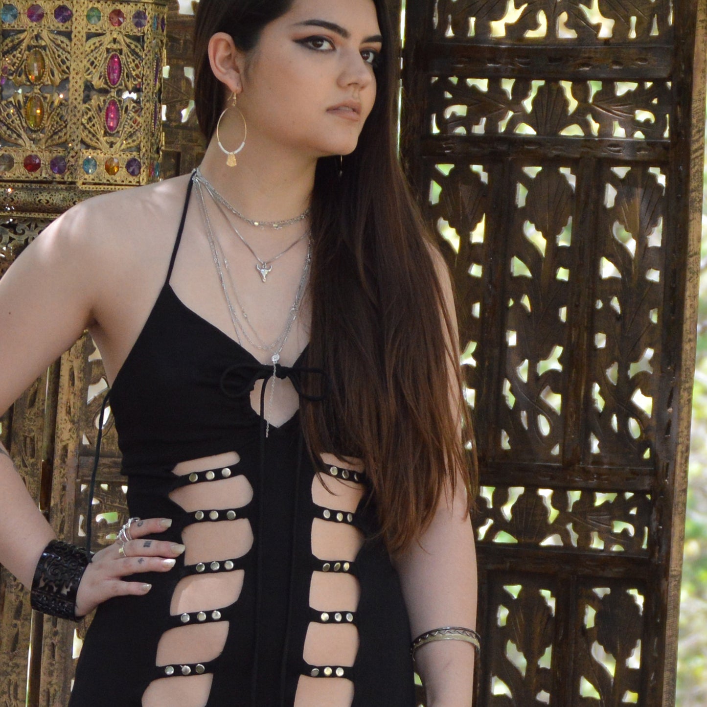 70's Funky Black Cut Out Black Sexy Halter Maxi Dress XS