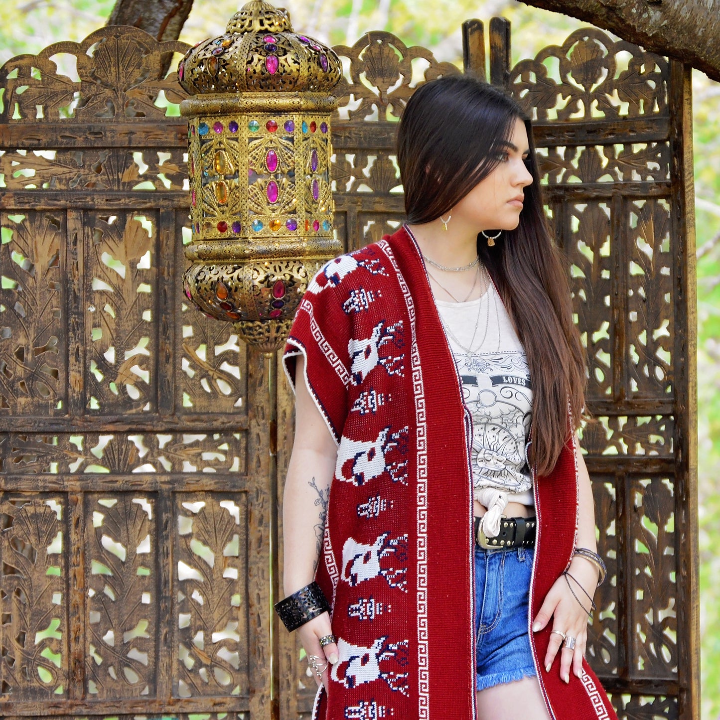 Vintage 70's Vest Woven Ethnic Deer Knit Fringe Poncho XL