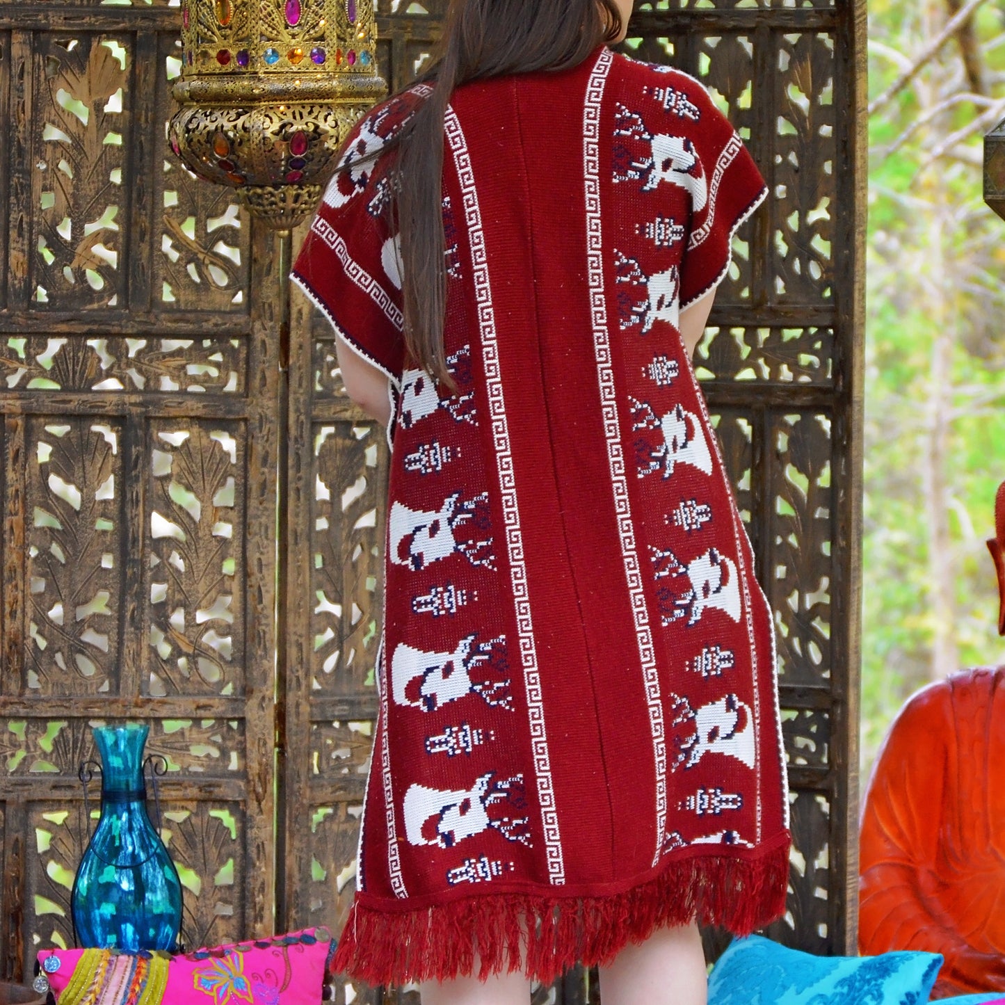 Vintage 70's Vest Woven Ethnic Deer Knit Fringe Poncho XL