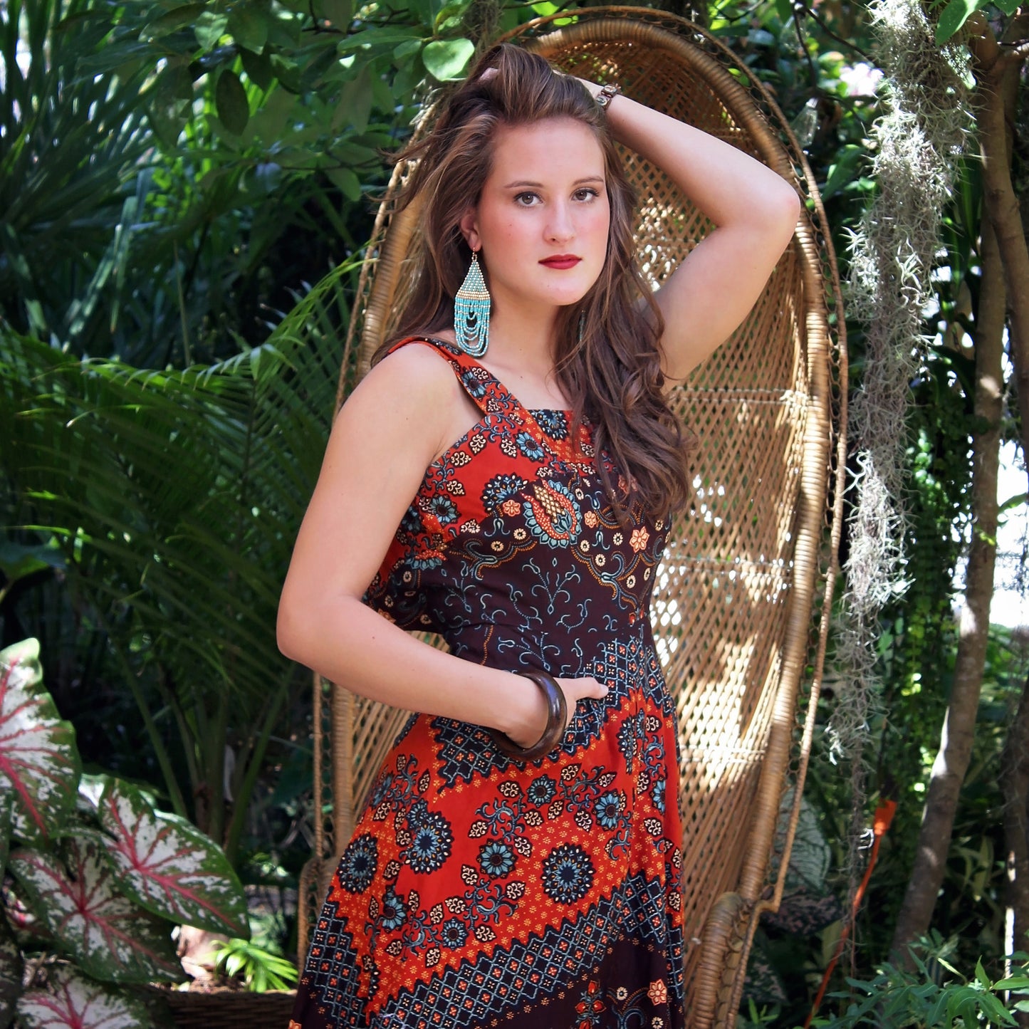 Vintage 70s Floral Bohemian Ethnic Border Print Sundress XXS