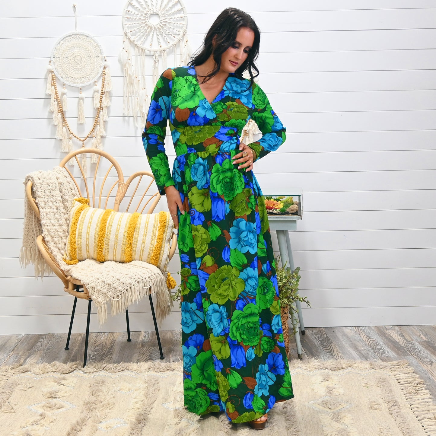 Vintage 70s Oversized Floral Peony Shocking Blue Green Maxi Dress S