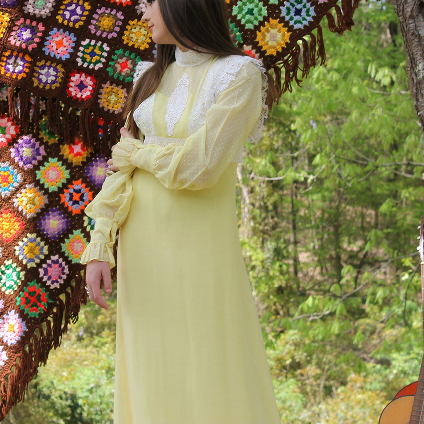 Vintage 70s Empire Lace Gunne Sax Style Yellow Maxi Dress XS