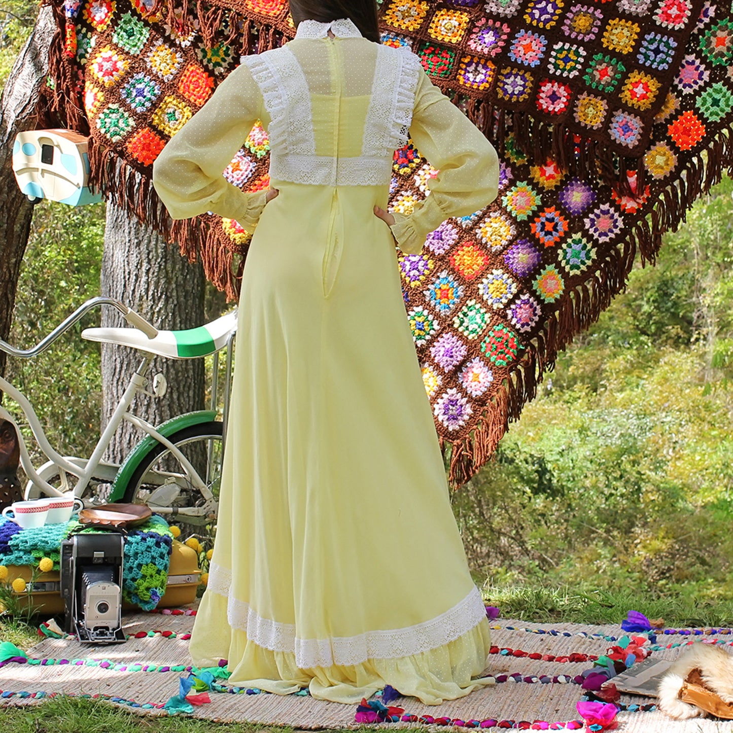 Vintage 70s Empire Lace Gunne Sax Style Yellow Maxi Dress XS