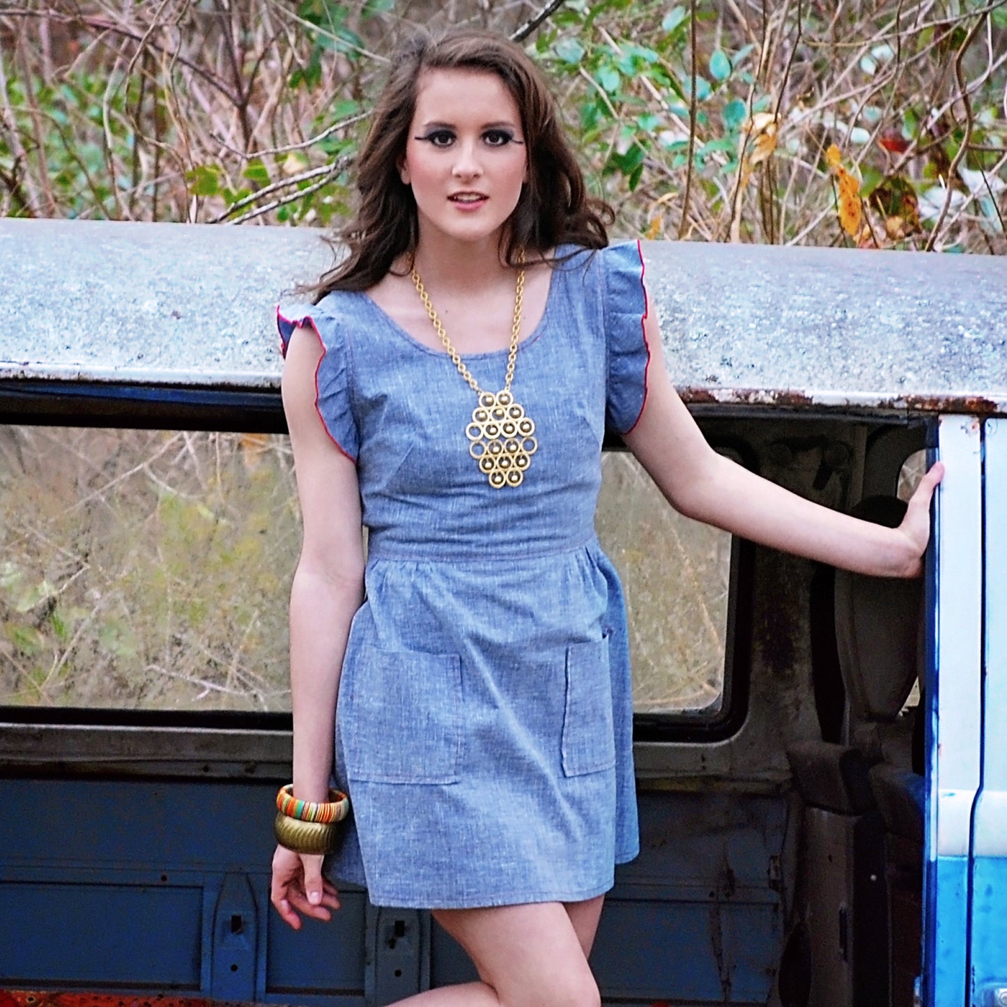 Vintage 70s Hippie Blue Chambray Ruffle Sleeve Mini Dress XS