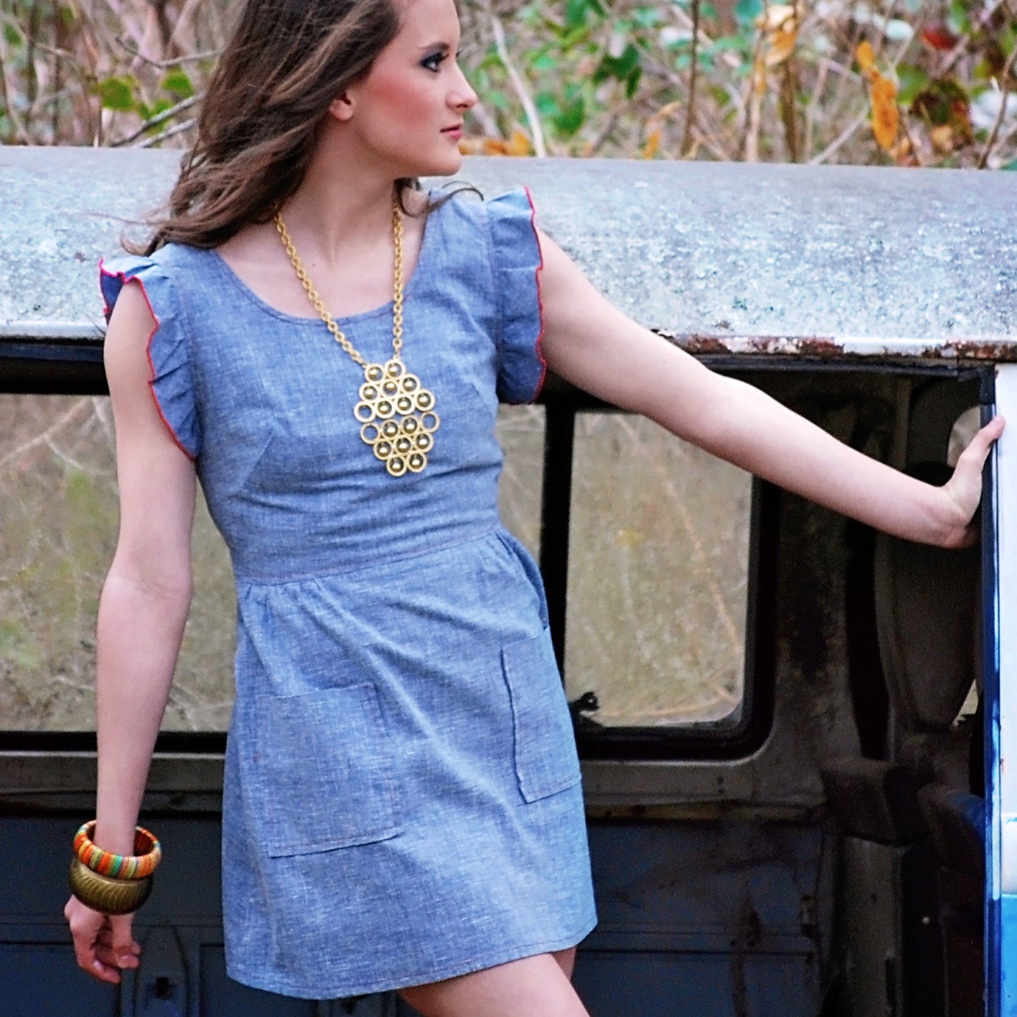Vintage 70s Hippie Blue Chambray Ruffle Sleeve Mini Dress XS