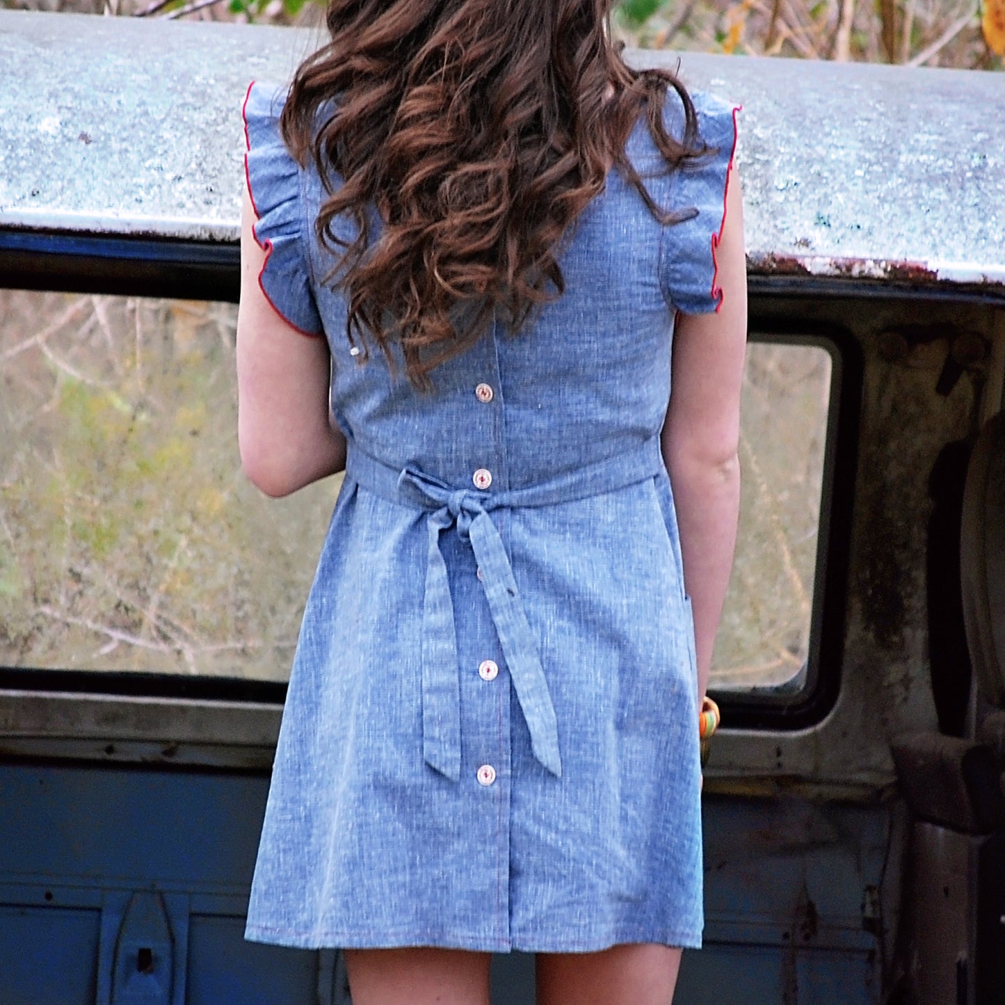 Vintage 70s Hippie Blue Chambray Ruffle Sleeve Mini Dress XS