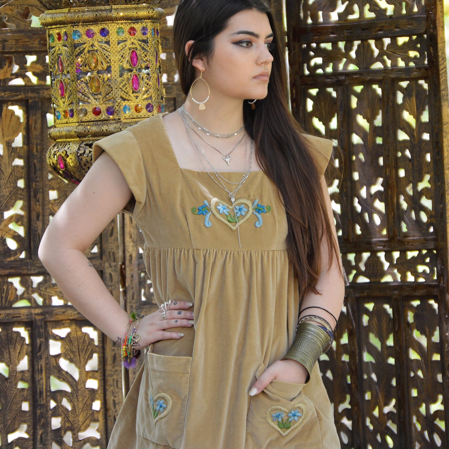 Vintage 70s Hippie Velveteen Embroidered Bohemian Mini Dress S