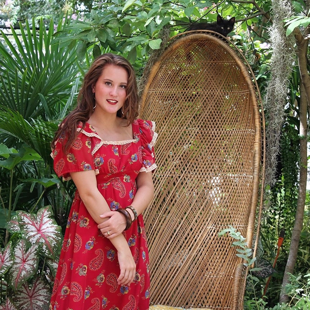 Vintage 70's Paisley Hippie Floral Empire Maxi Dress XS