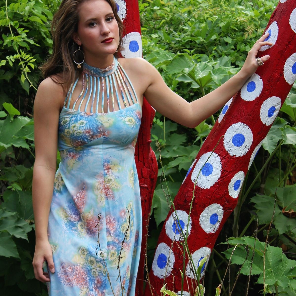 Vintage 70s Blue Floral Cage Top Empire Maxi Dress XS