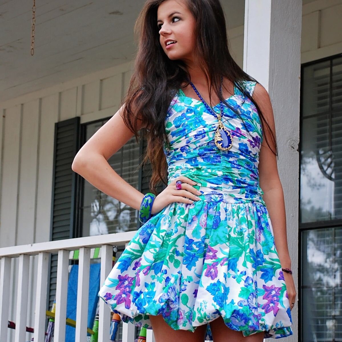 Vintage 80s Ruched Floral Bubble Hem Mini Dress S/M