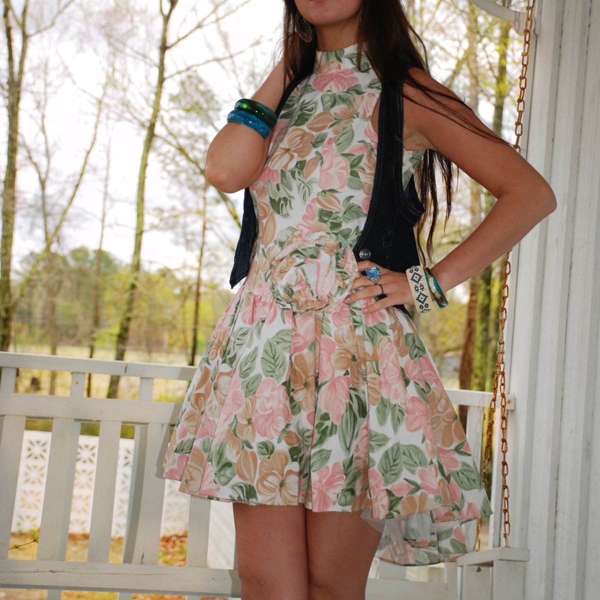 Vintage Dress 1980s High Low Rose Floral Mini M