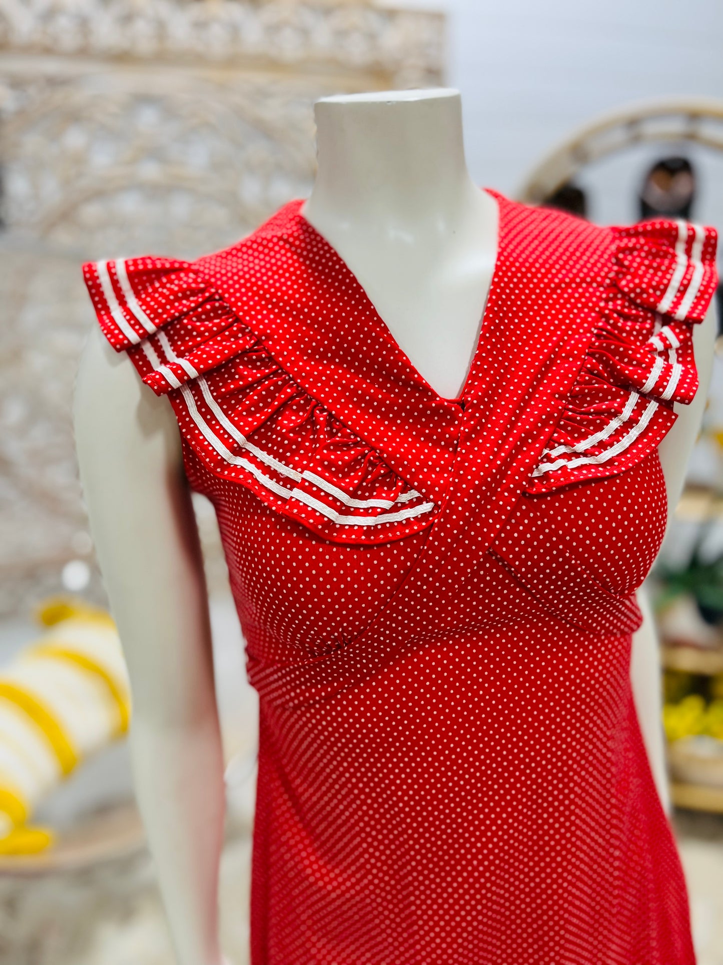 Vintage 70s Dotted Swiss Polka Dot Empire Midi Dress S