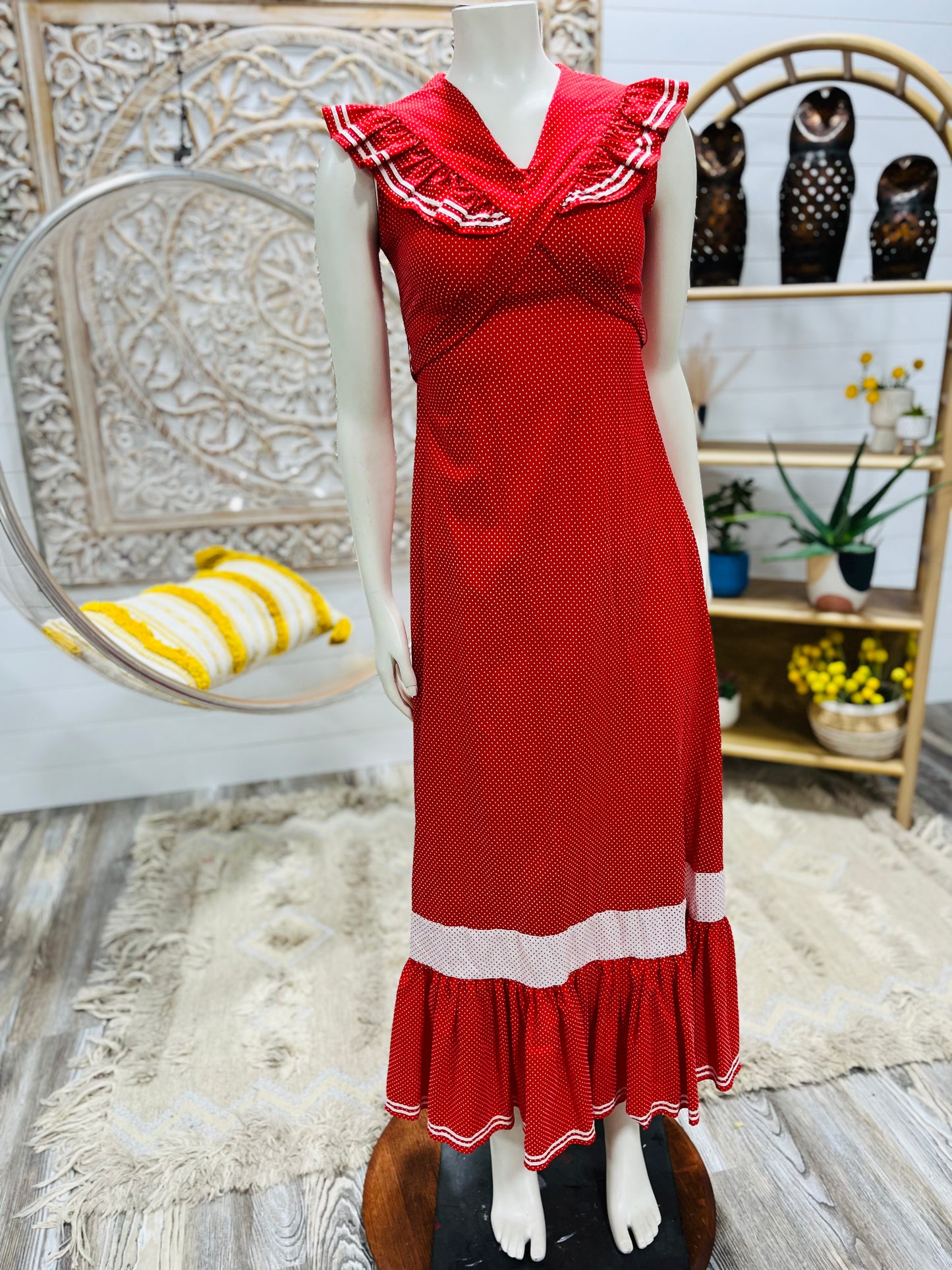 Vintage 70s Dotted Swiss Polka Dot Empire Midi Dress S