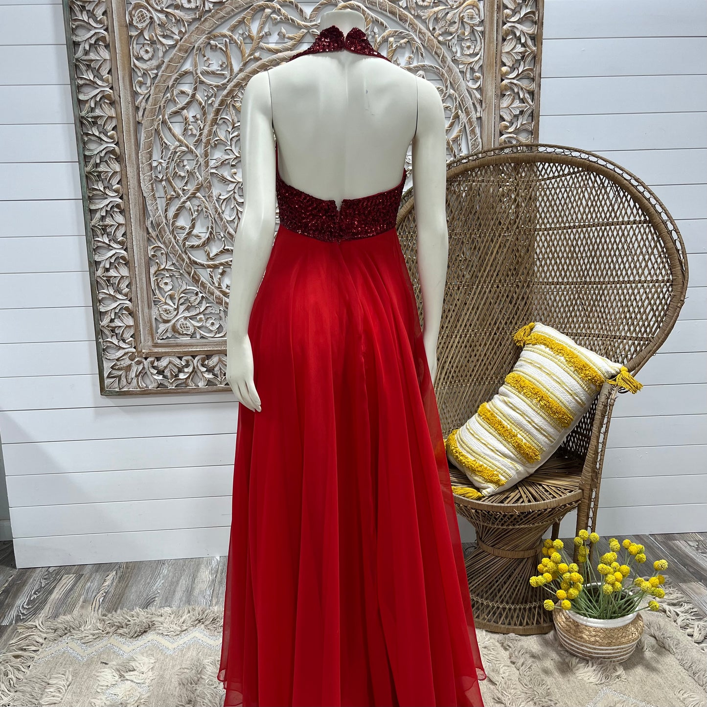 Vintage 70s Mike Benet Red Sequin Flowing Evening Halter Maxi Dress XS