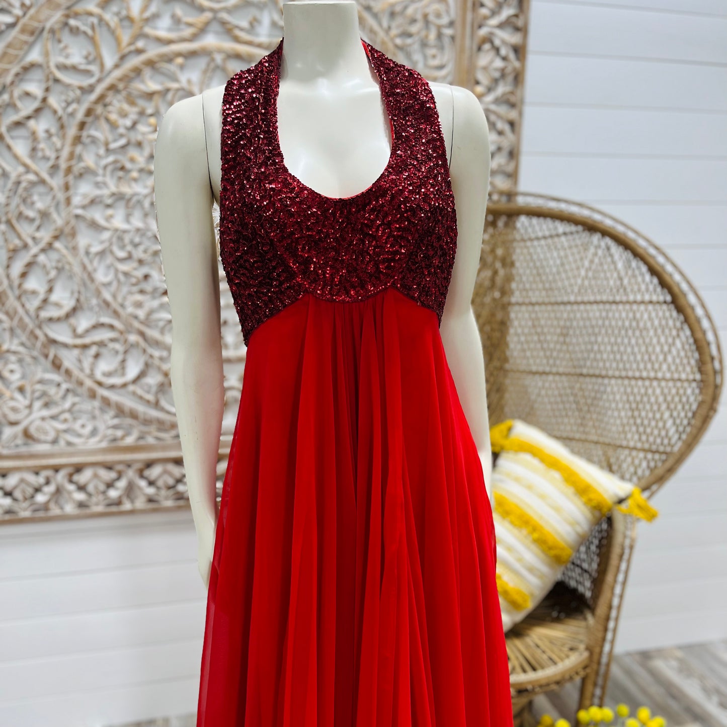 Vintage 70s Mike Benet Red Sequin Flowing Evening Halter Maxi Dress XS