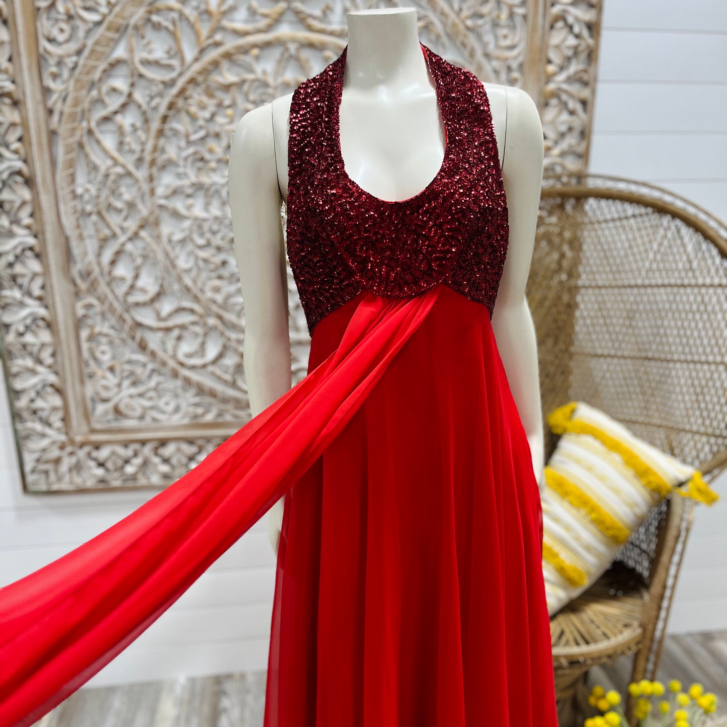 Vintage 70s Mike Benet Red Sequin Flowing Evening Halter Maxi Dress XS