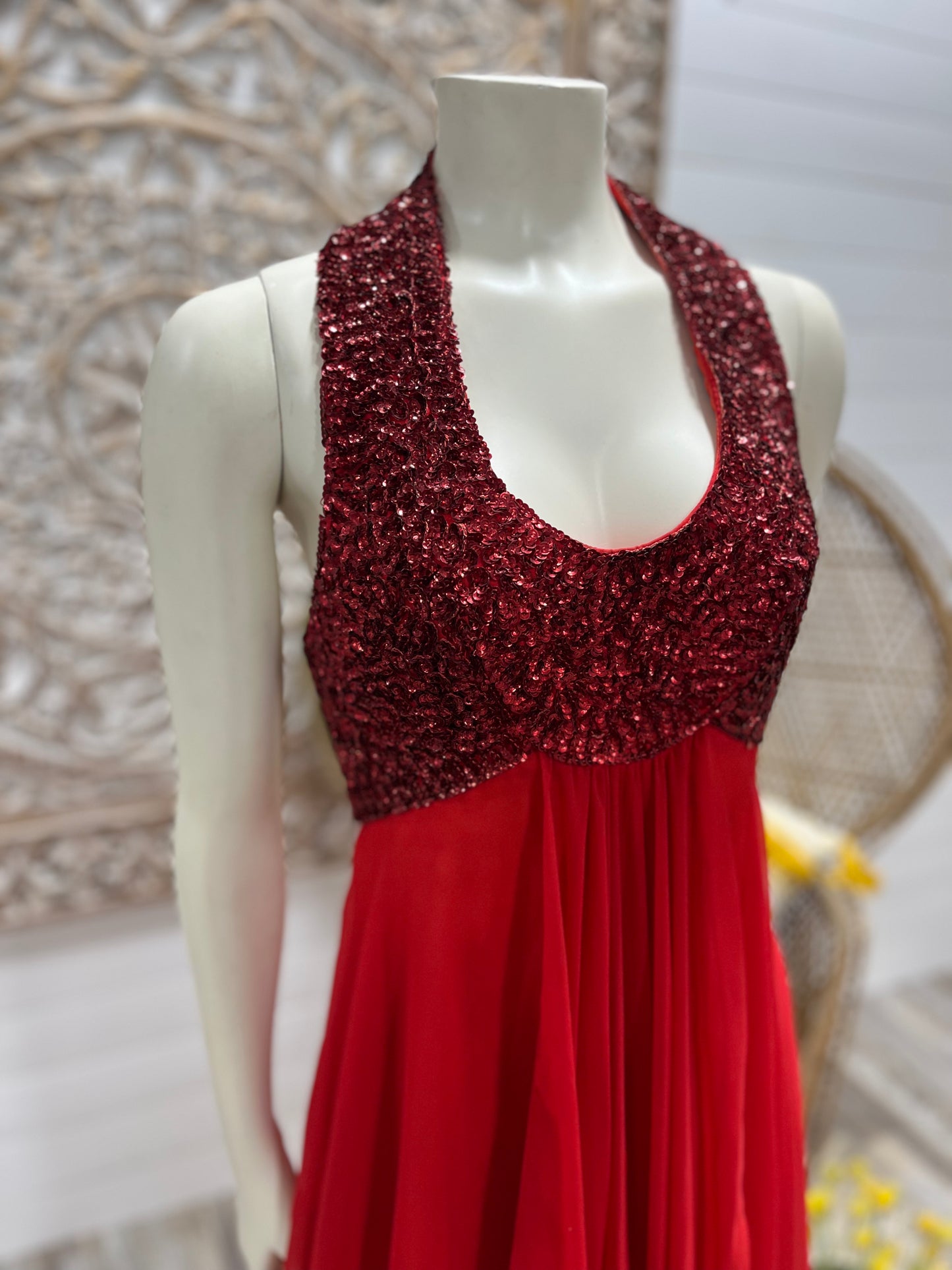 Vintage 70s Mike Benet Red Sequin Flowing Evening Halter Maxi Dress XS