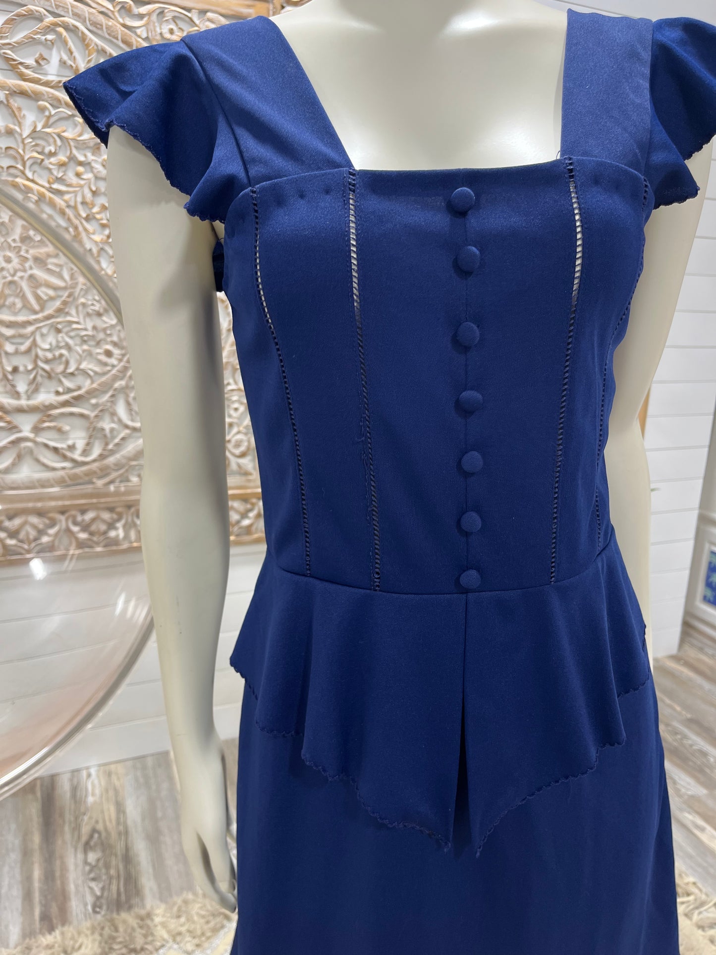 Vintage 70s Flutter Sleeve Sexy Sheer Peplum Navy Mini Dress S