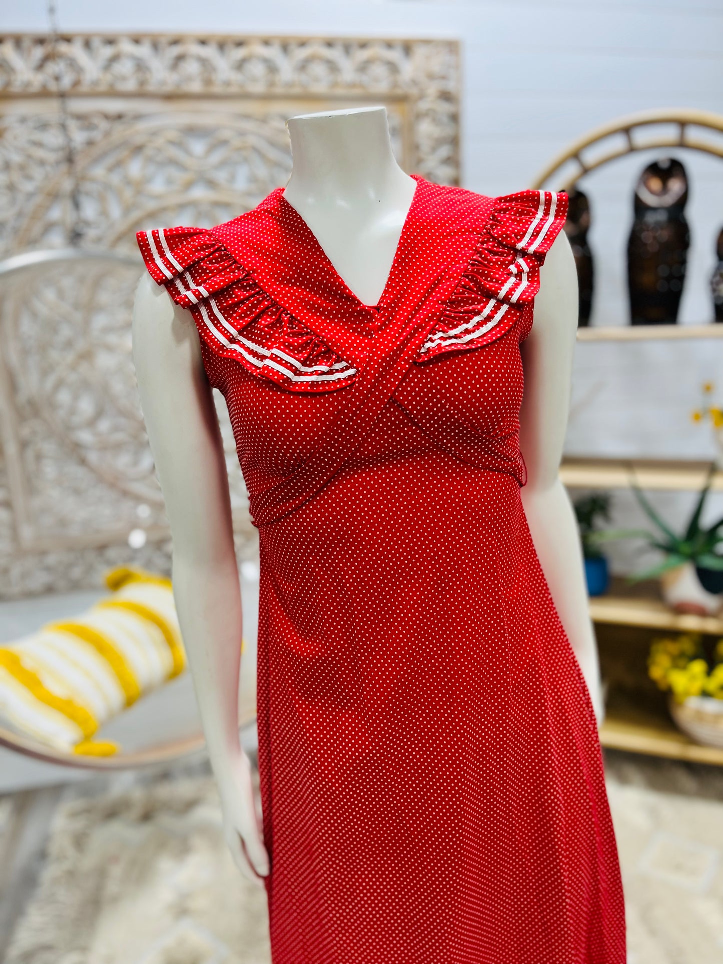 Vintage 70s Dotted Swiss Polka Dot Empire Midi Dress S