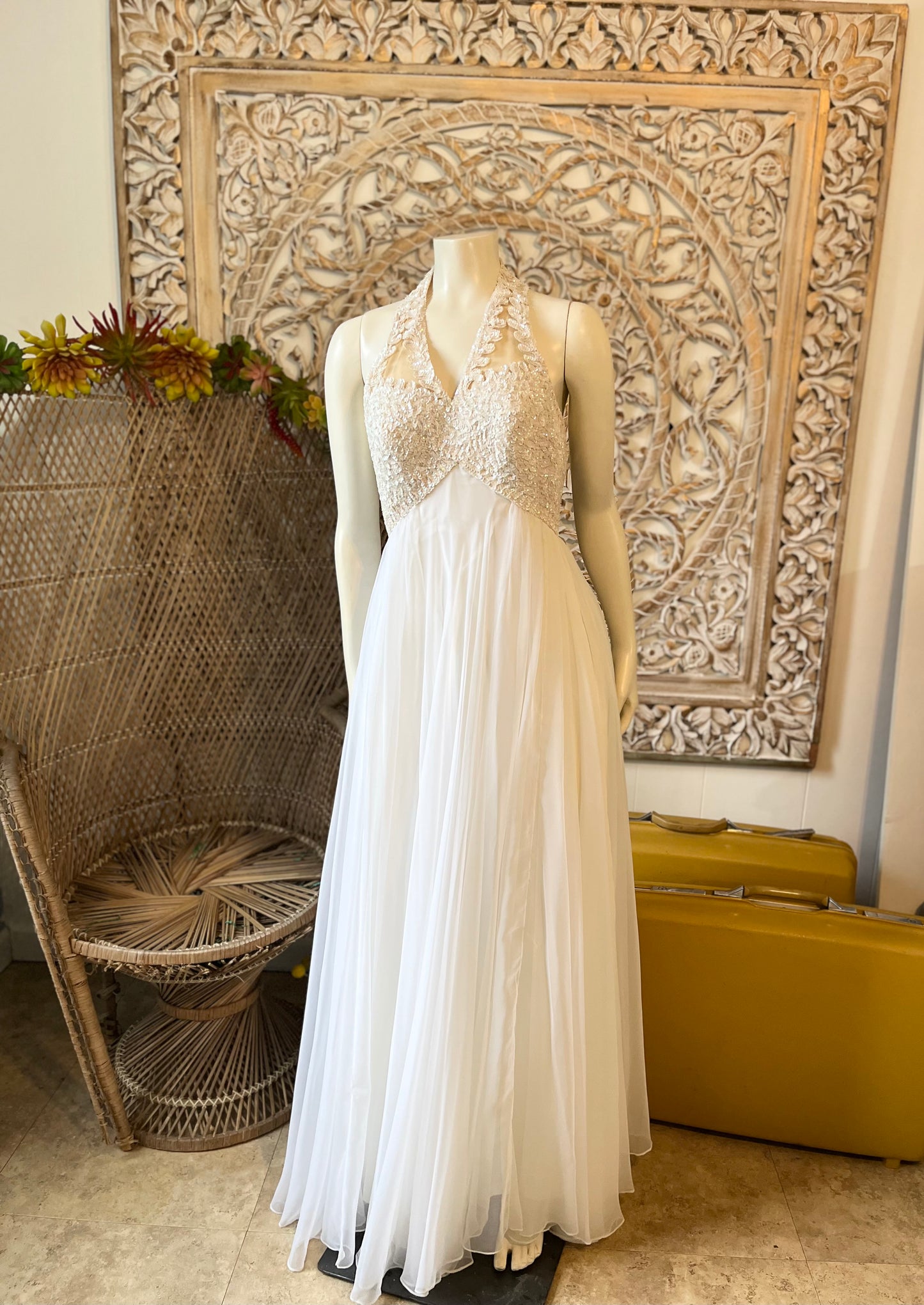 Vintage 70s Mike Benet White Halter Sequin Evening Gown XS