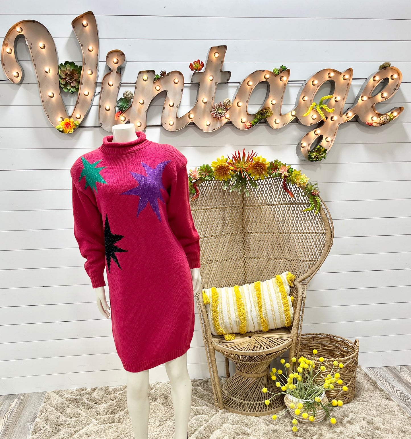 Totally 80s Hot Pink Knit Dolman Star Metallic Slouchy Sweater Dress rollwithitvintage