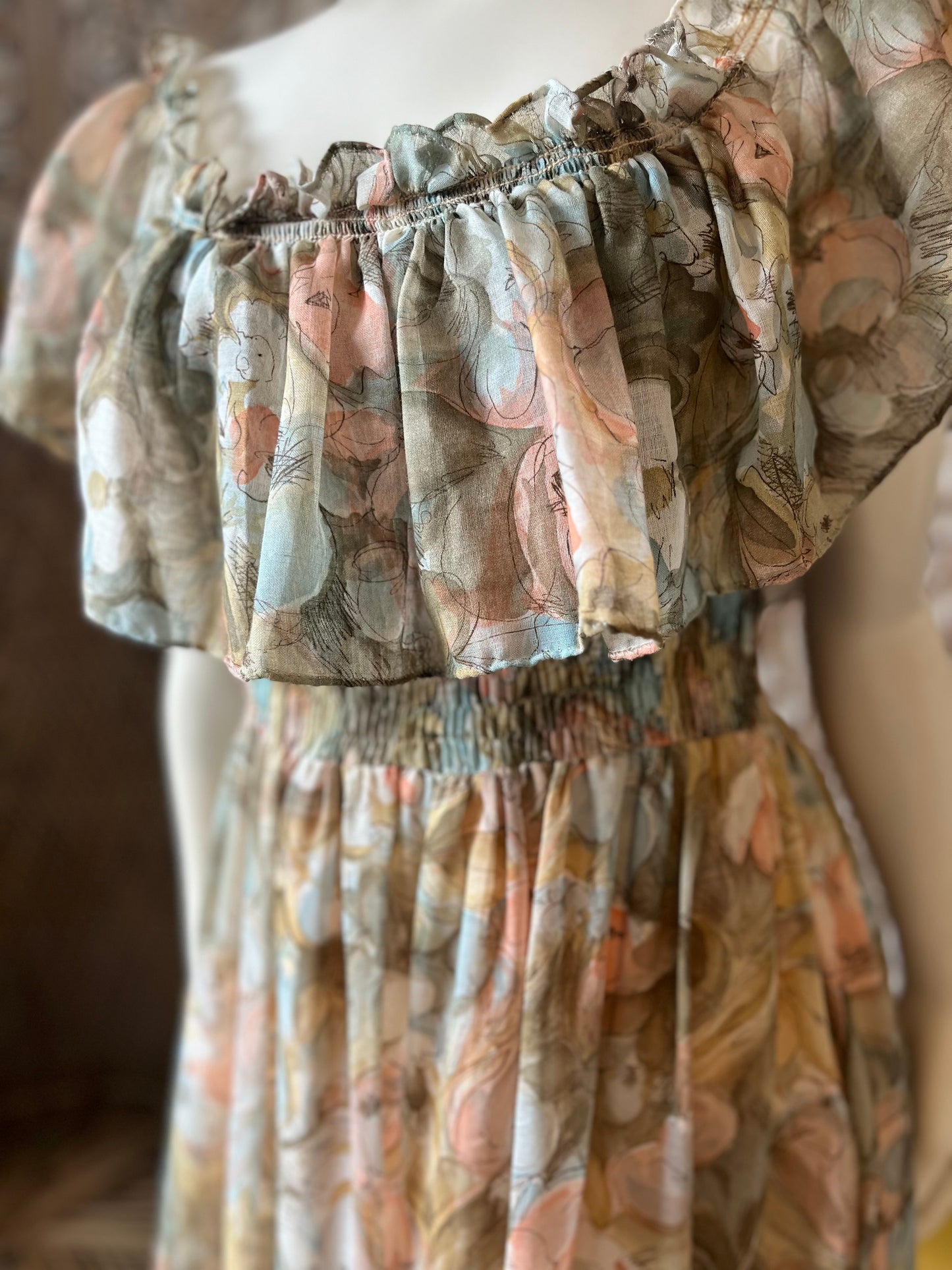 Vintage Dress 70s Candi Jones Muted Floral Smocked Empire M