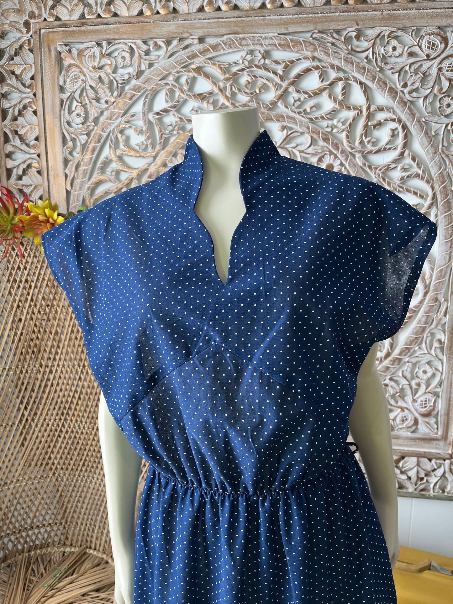 Vintage 70s Polka Dot Cap Sleeves Sheer Nautical Midi Navy Dress