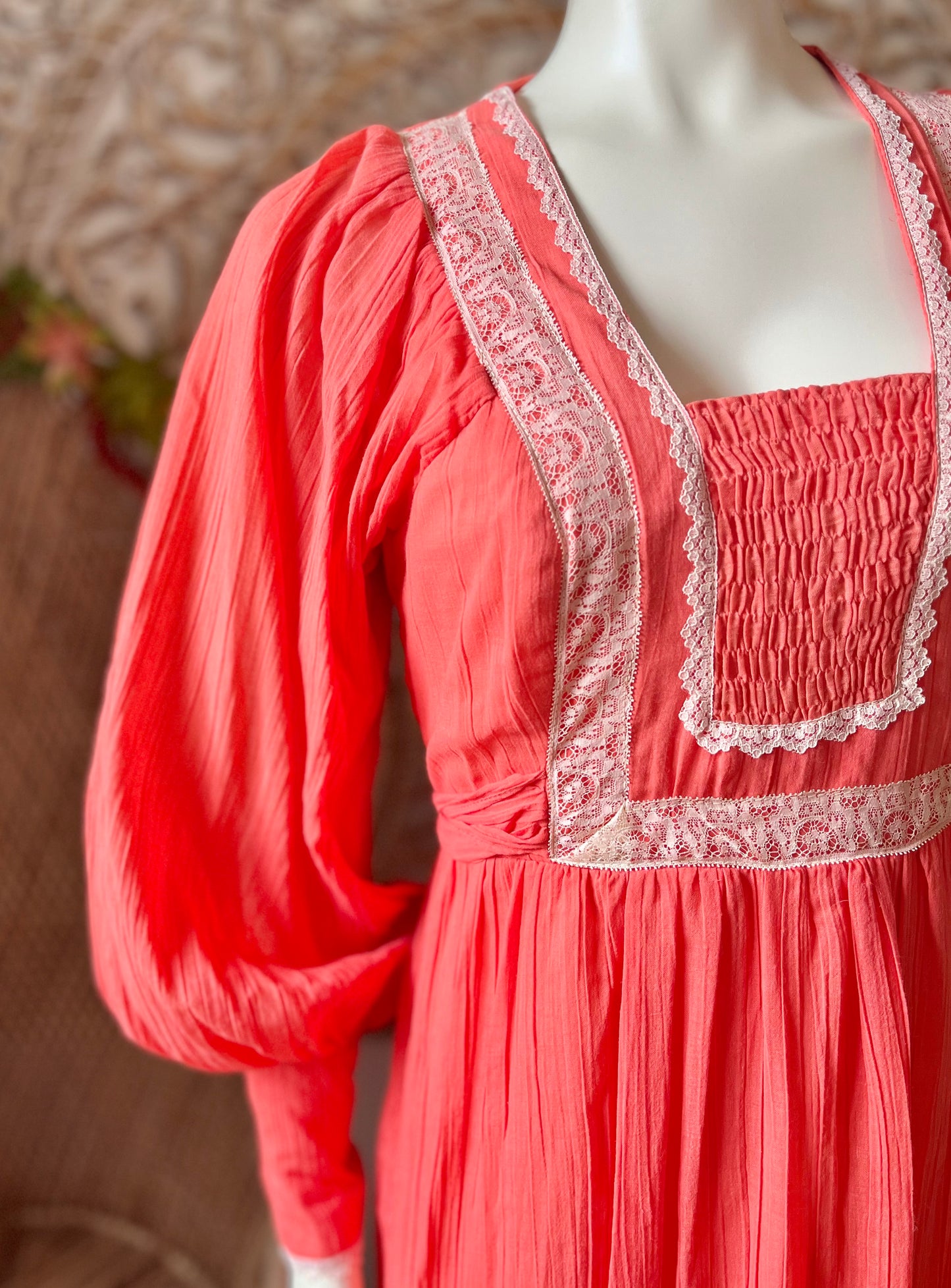 70s Gunne Sax Style Gauzy Jody T Lace Hippie Maxi Dress S