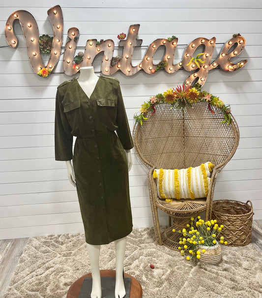 80s Vintage Dolman Green Military Style Dress
