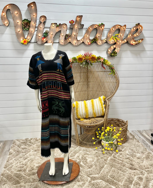 70s Vintage Ecuador Hand Embroidered Tourist Wool Mumu Dress