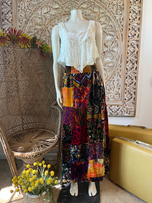 Maxi Velvet Skirt that has patchwork with a dark floral bohemian print