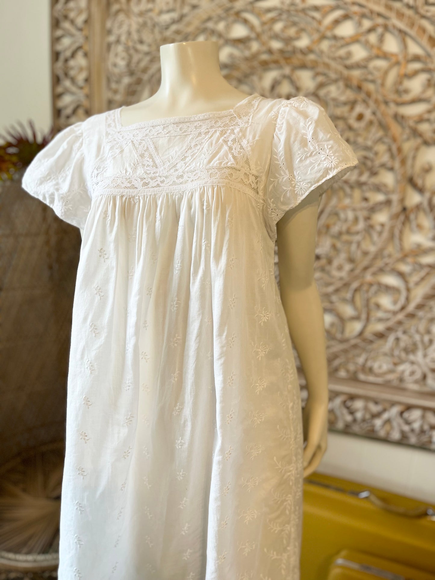 Vintage 70s French Sewn Flutter Sleeve Gown Mini Dress L