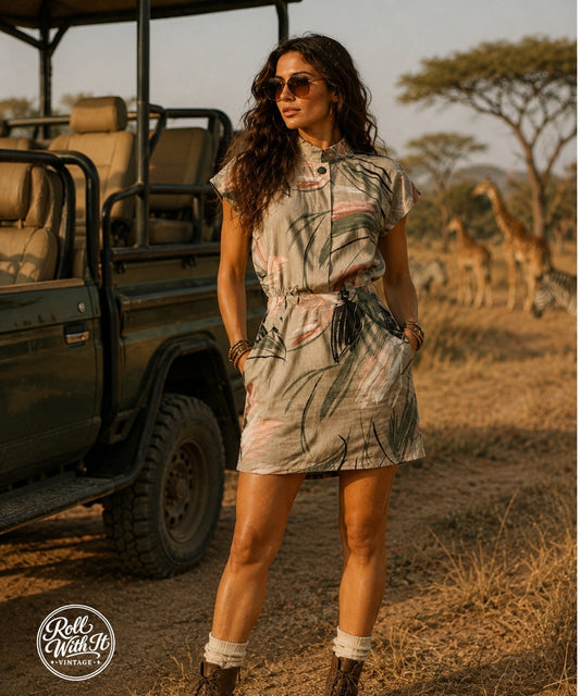 80s Safari Mini Military Style High Collar Vintage Dress S/M