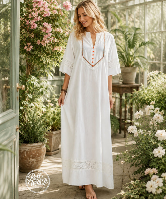 Vintage 70s Beige Bohemian Hippie Lace Caftan Dress L