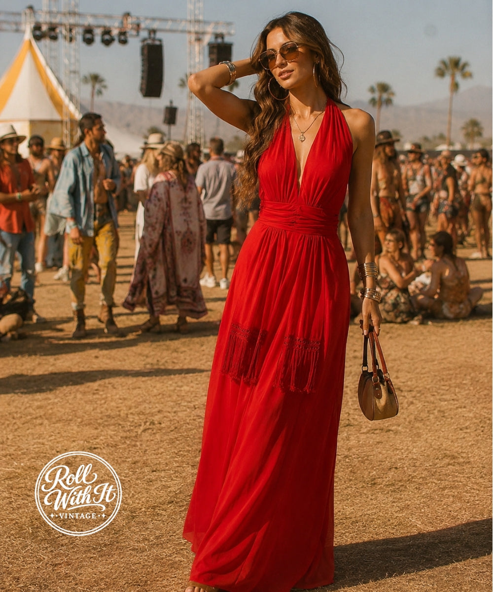 Vintage Elegant 70s Sexy Fringe Fire engine Red Halter Maxi Dress S