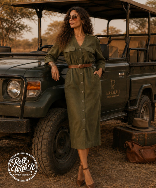 80s Vintage Dolman Green Military Style Dress