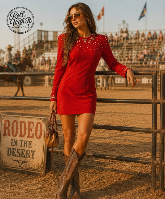 80s Studded Suede Neiman Marcus Red Party Vintage Mini Dress