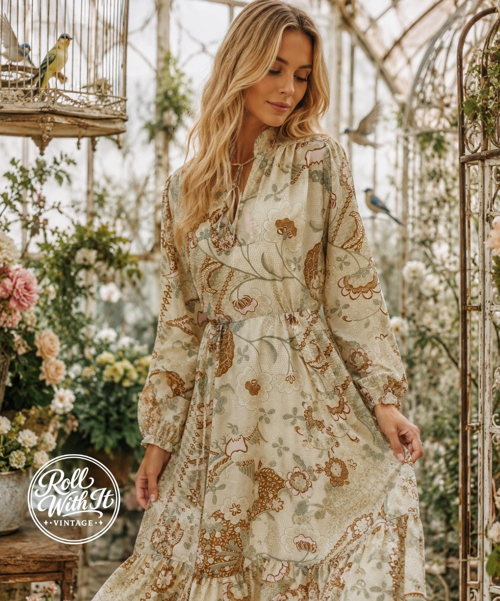 Vintage 70s Bird Floral Novelty Print Bohemian Midi Dress S