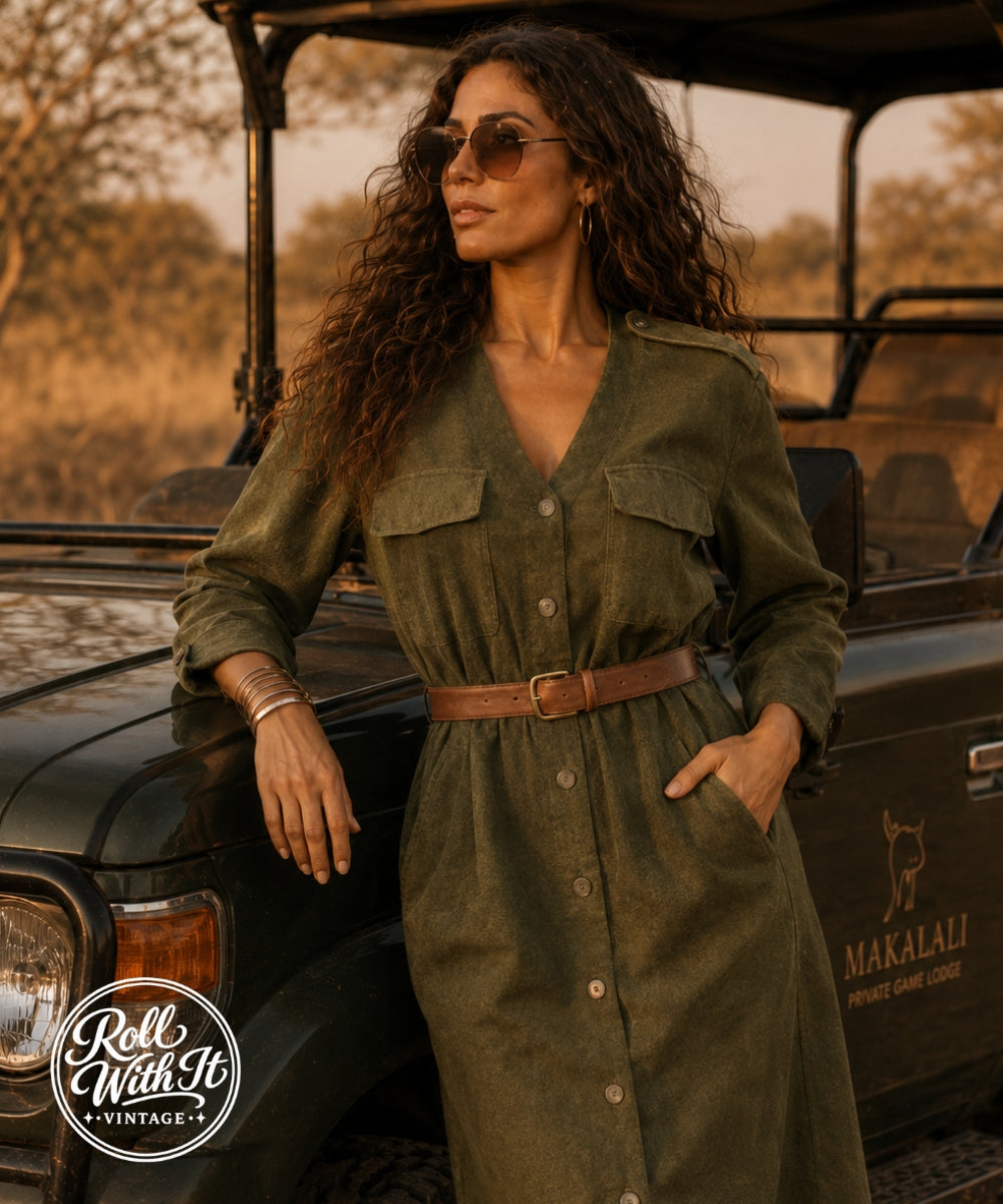 80s Vintage Dolman Green Military Style Dress
