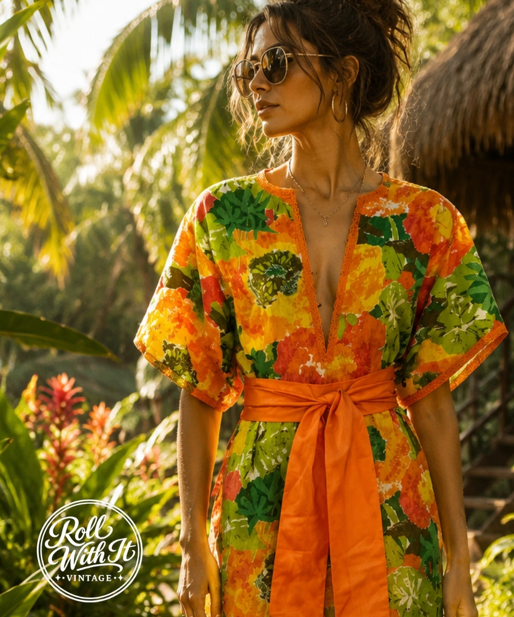 70s Hawaiian Hilo Style Hibiscus Floral Print Maxi Vintage Dress