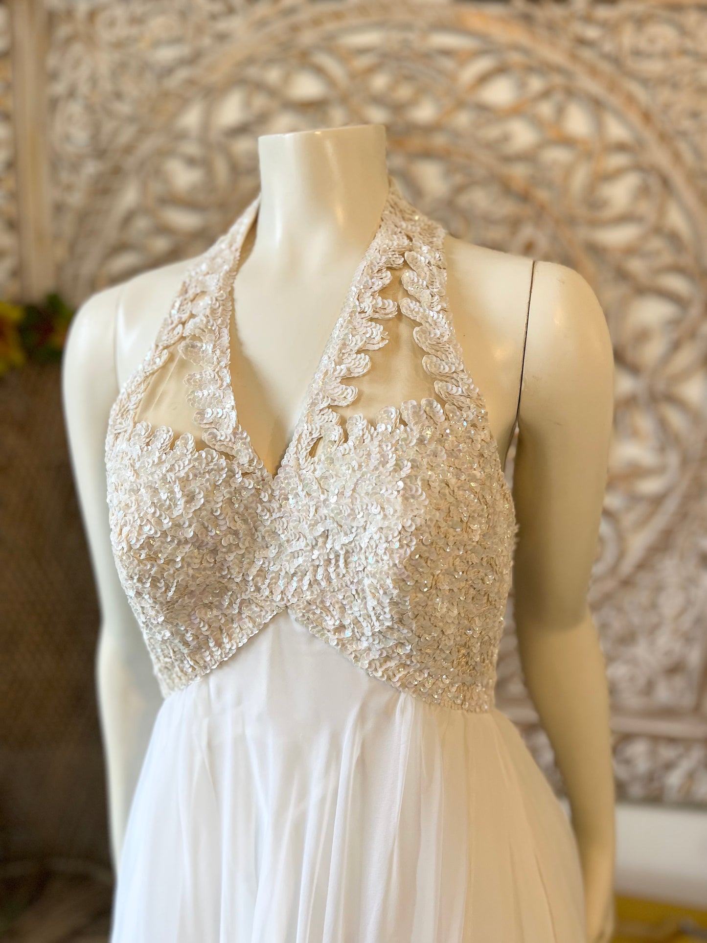 Vintage 70s Mike Benet White Halter Sequin Evening Gown XS