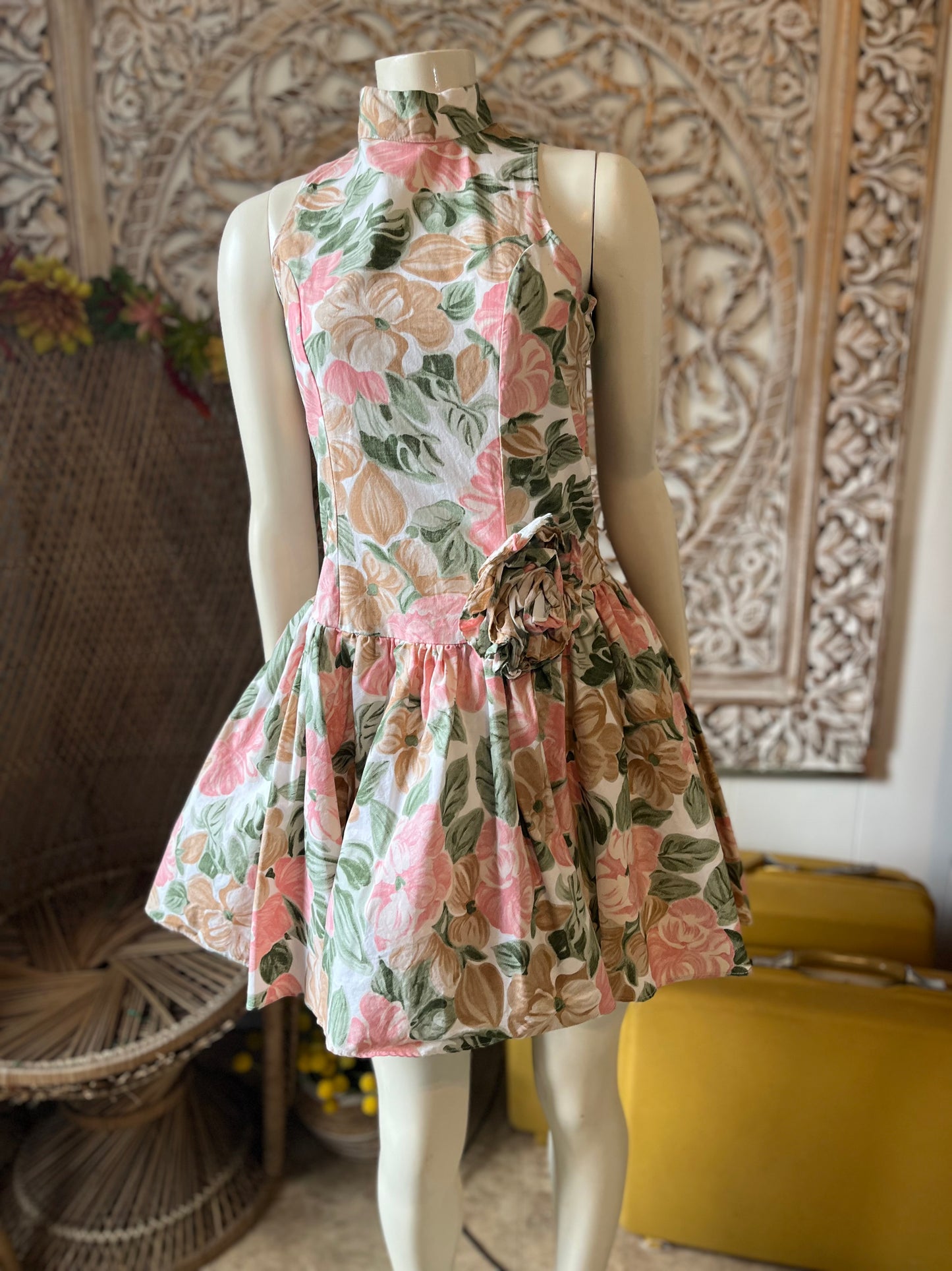 Vintage Dress 1980s High Low Rose Floral Mini M