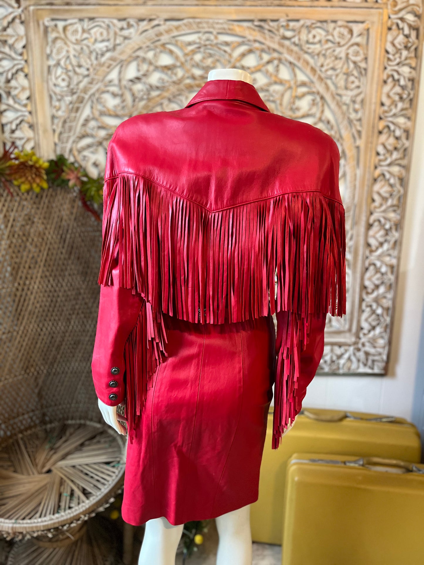 90's Rare Rodeo Fringe North Beach Western By Michael Hoban Genuine Leather Coat Dress S