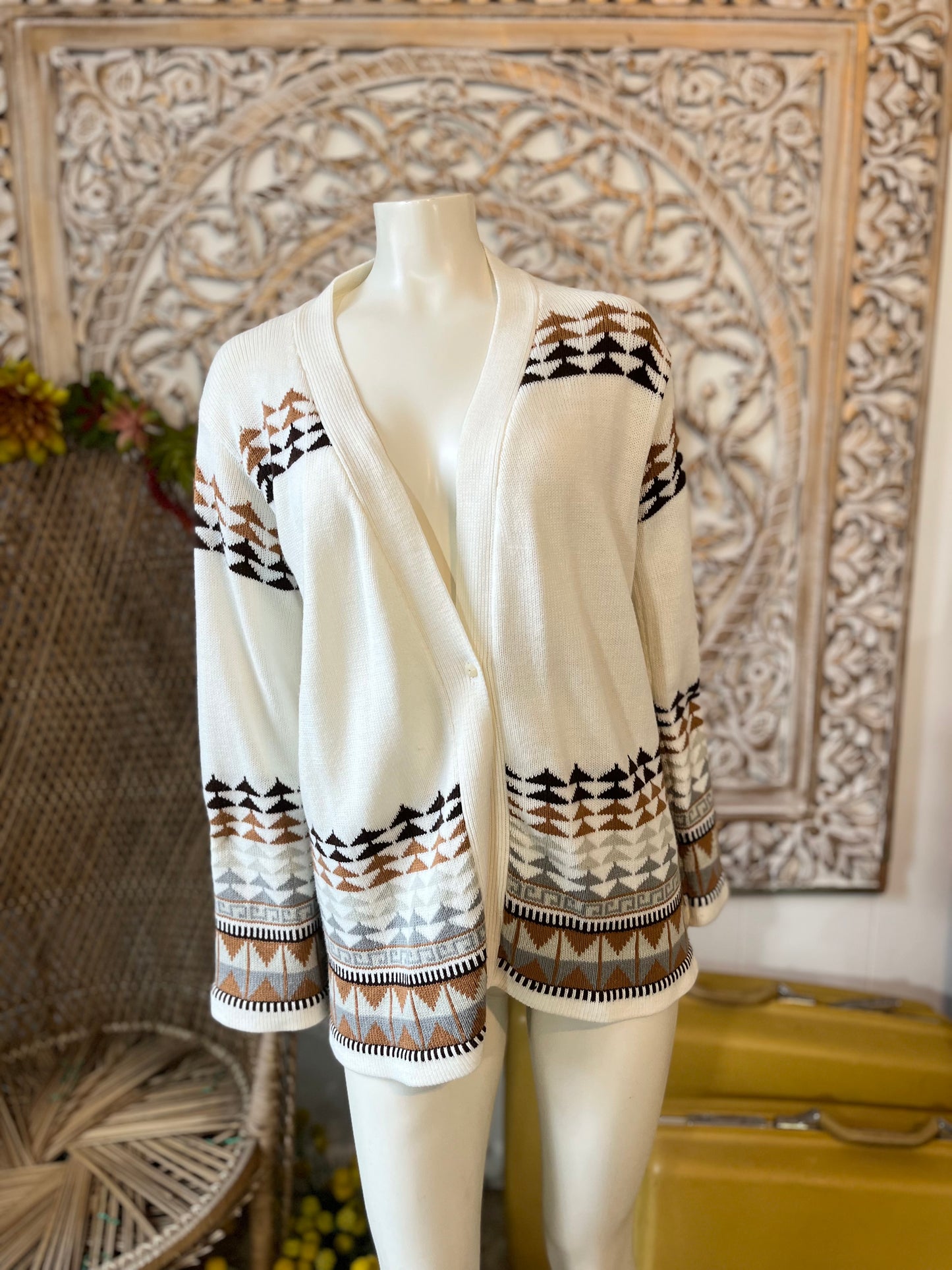 Vintage 70s Bohemian Tribal Cardigan Sweater Jacket L