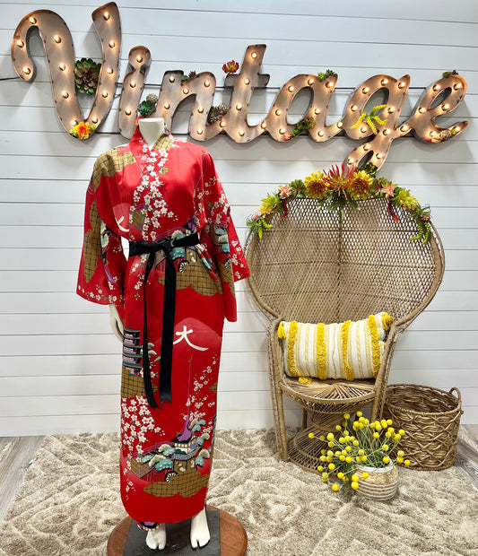 Vintage 80s Asian Floral Print Rickshaw Wrap Cherry Blossom Kimono Duster