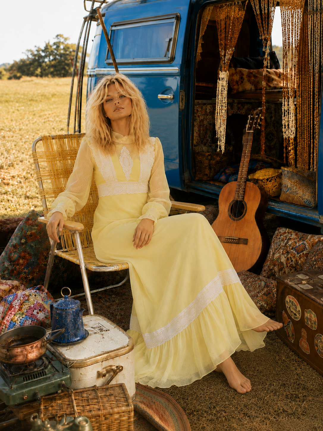 Vintage 70s Empire Lace Gunne Sax Style Yellow Maxi Dress XS