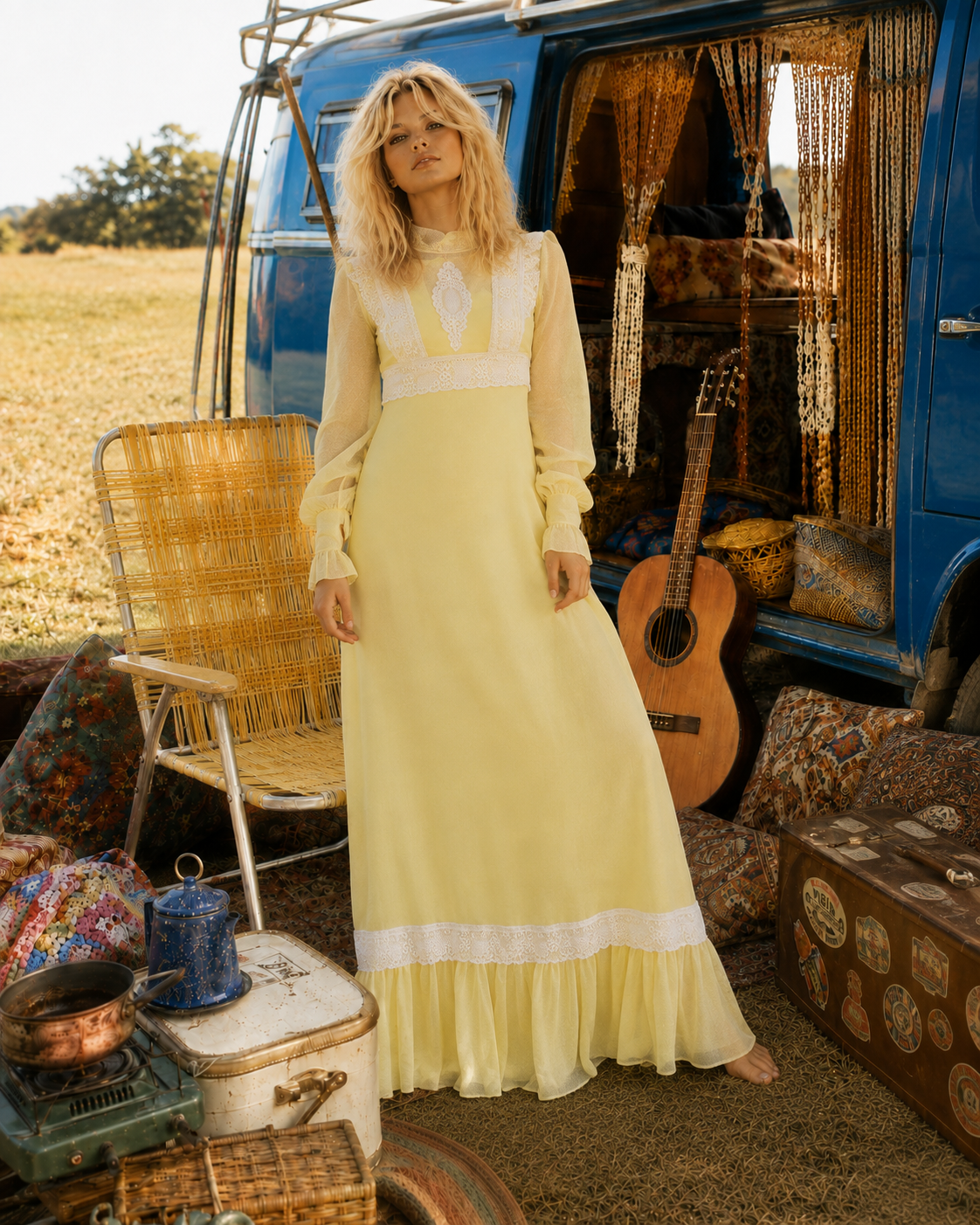 Vintage 70s Empire Lace Gunne Sax Style Yellow Maxi Dress XS
