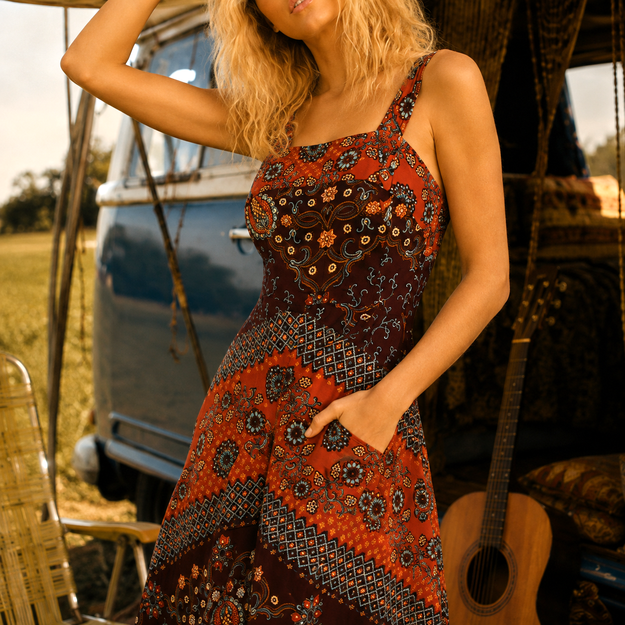 Vintage 70s Floral Bohemian Ethnic Border Print Sundress XXS