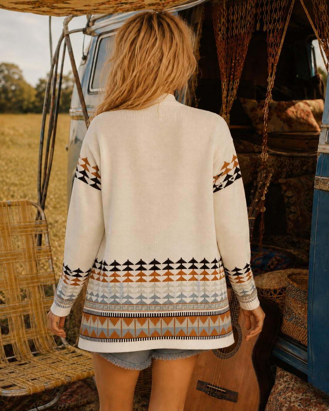 Vintage 70s Bohemian Tribal Cardigan Sweater Jacket L