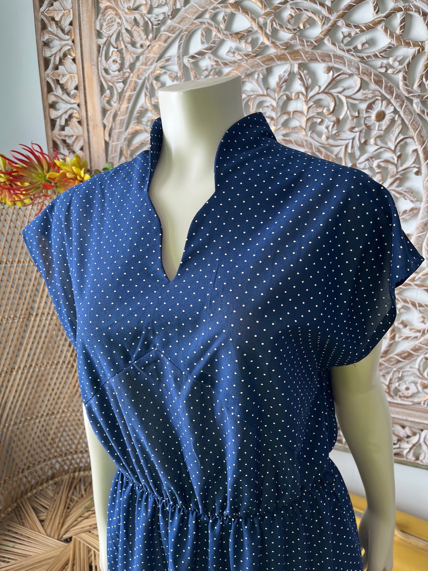 Vintage 70s Polka Dot Cap Sleeves Sheer Nautical Midi Navy Dress